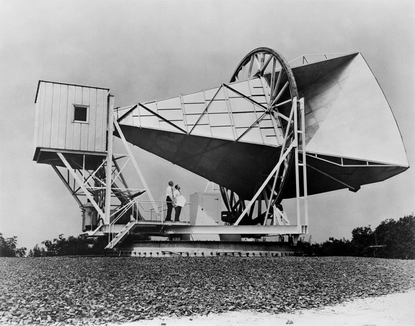 Arno Penzias and Robert Wilson stand on top of the Holmdel Horn Antenna, the site where the first evidence for the big bang was detected.