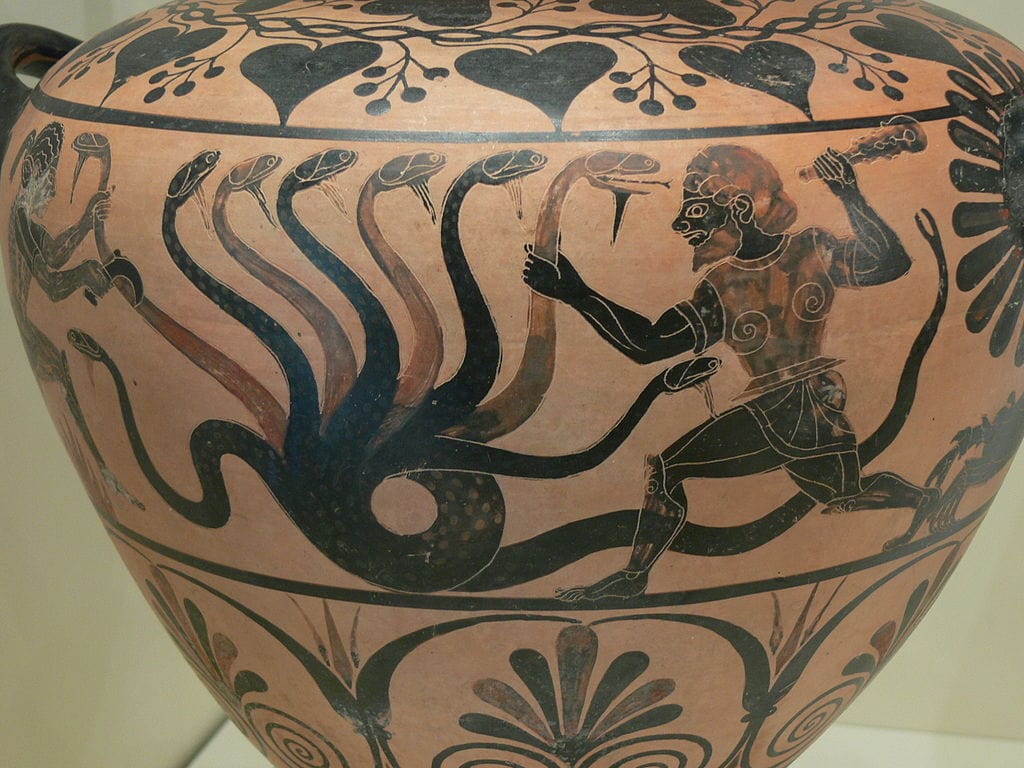 The Hydra is slain by Heracles and his nephew Iolaus, as depicted on this pot from 510 B.C.