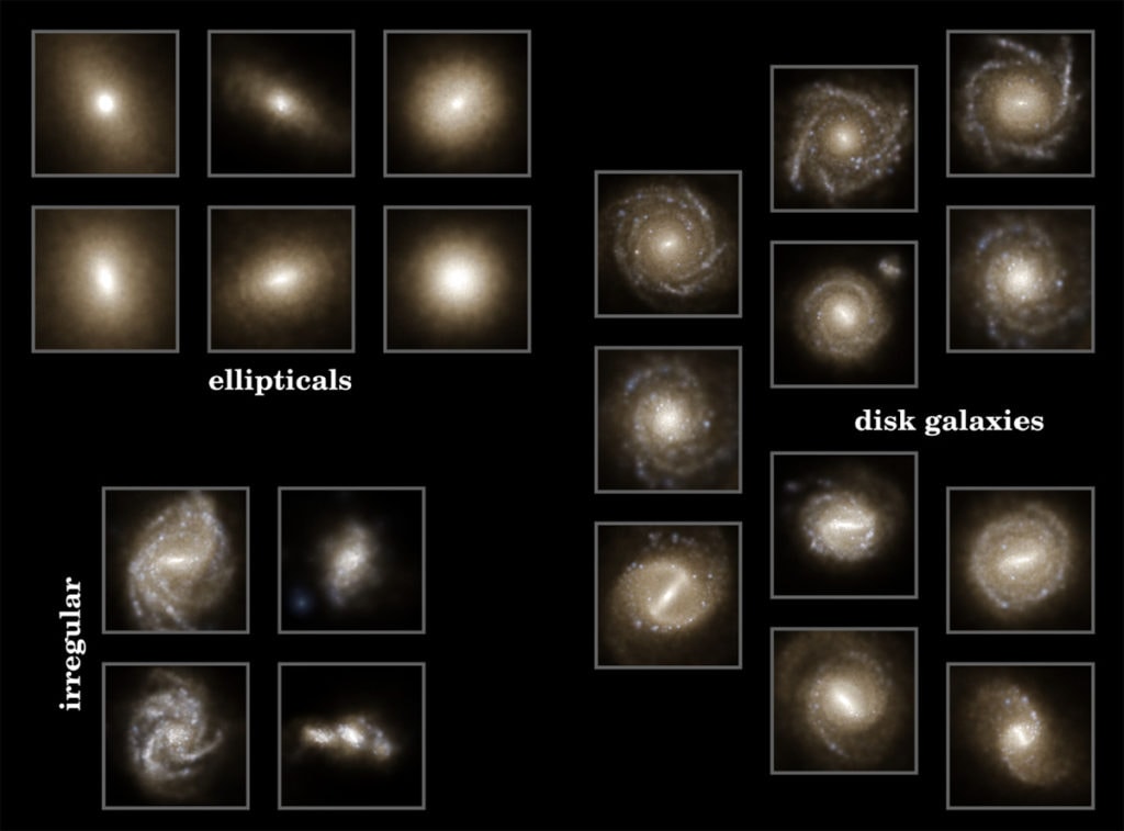 These are not actual galaxies, but objects found in computer simulations. Galaxy-like objects only appear with the right mix of dark matter in the simulation. Image Credit: Illustris Project